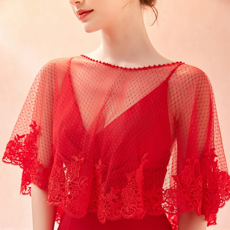 JaneVini Элегантное летнее красное Болеро Свадебная накидка кружевная высокая