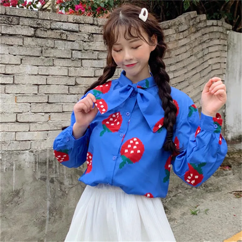 Женская Повседневная Блузка с принтом клубники летние топы бантом на шее