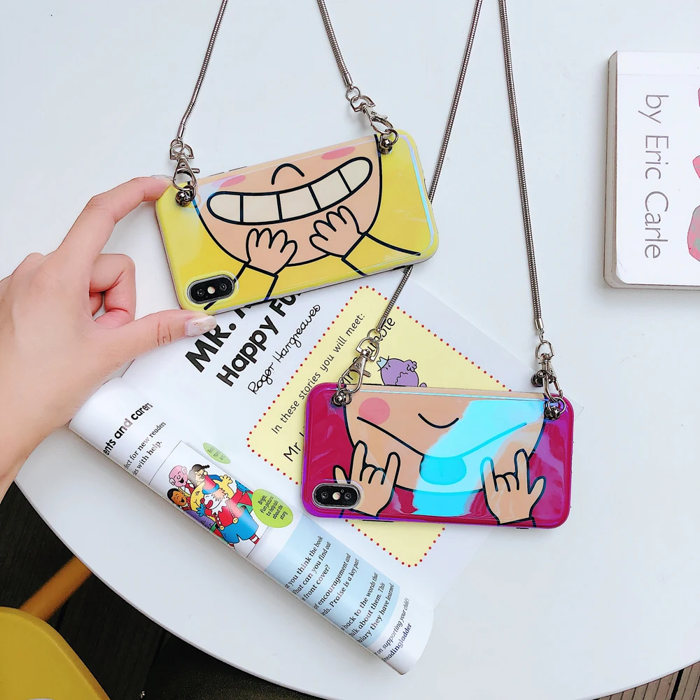 Luxury Blue light Funny Smiling Face Messenger Chain Bag Soft TPU Phone Case For iPhone6 7 8 Plus X XS Max XR Cover |