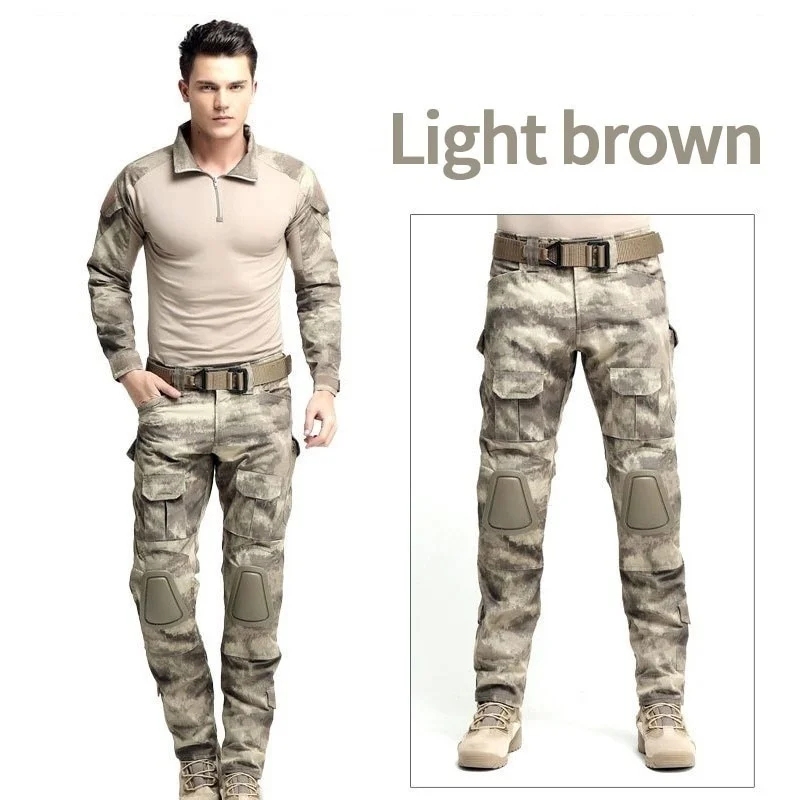 light brown Тактическая камуфляжная Военная униформа одежда костюм для мужчин армии США одежда страйкбол военная игра CS боевая рубашка+ брюки карго наколенники - Цвет: light brown