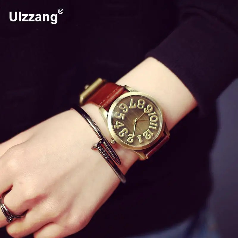 Модные Винтажные часы с большим номером и кожаным ремешком Кварцевые аналоговые