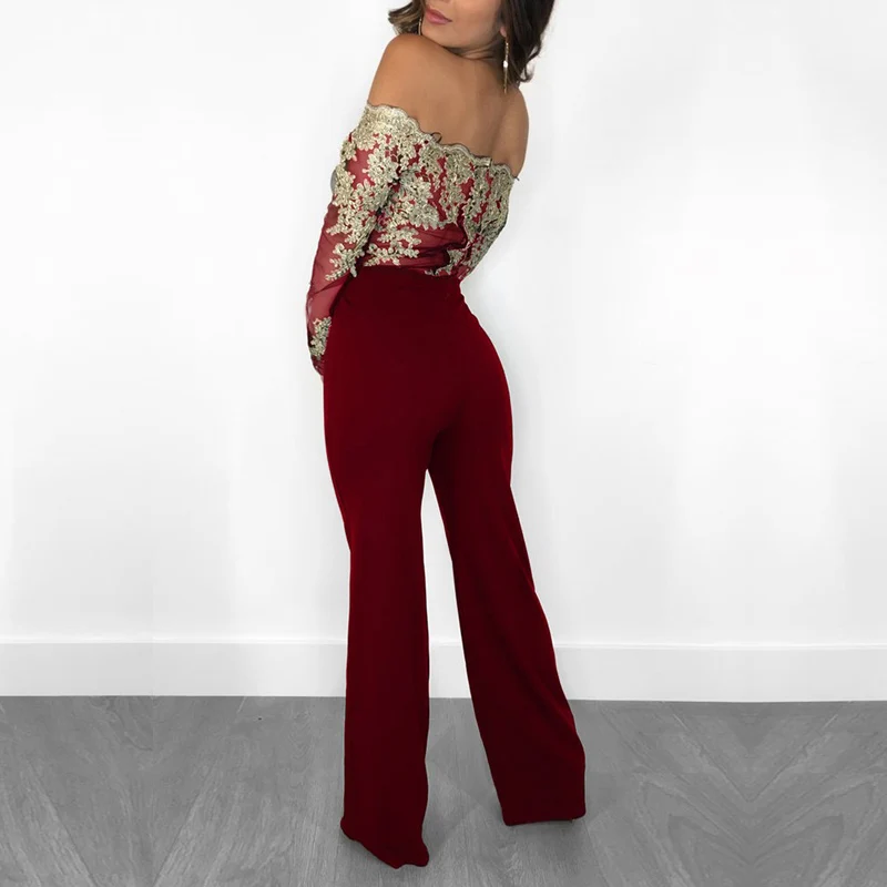 Women Flower Embroidery Off Shoulder Wide Leg Jumpsuit Sexy Bodysuit Lace Patchwork Mesh Party Clothes | Женская одежда