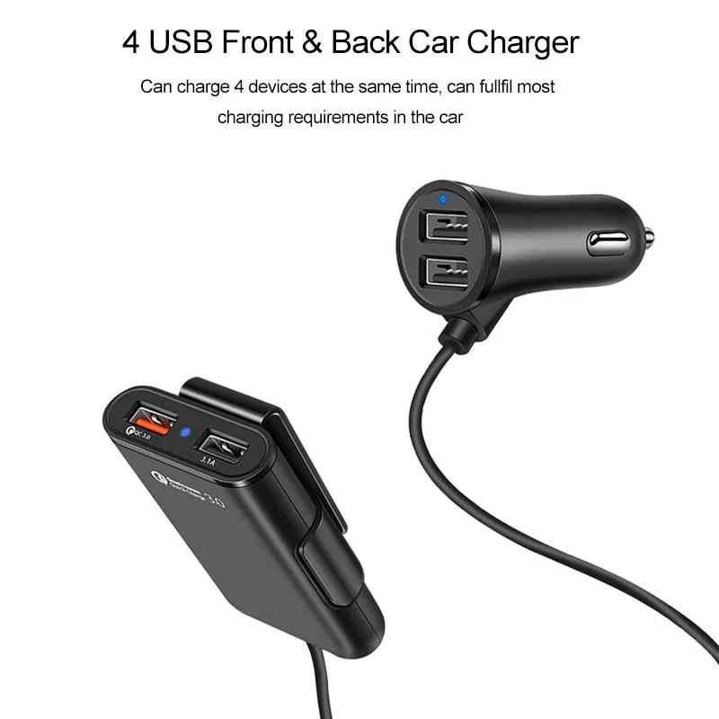 Быстрая зарядка 4 порта QC3.0 3.1A USB Автомобильное зарядное устройство Универсальный USB Быстрый адаптер с 1,7 м 5.6ft удлинитель Кабель для MPV автомобильный телефон