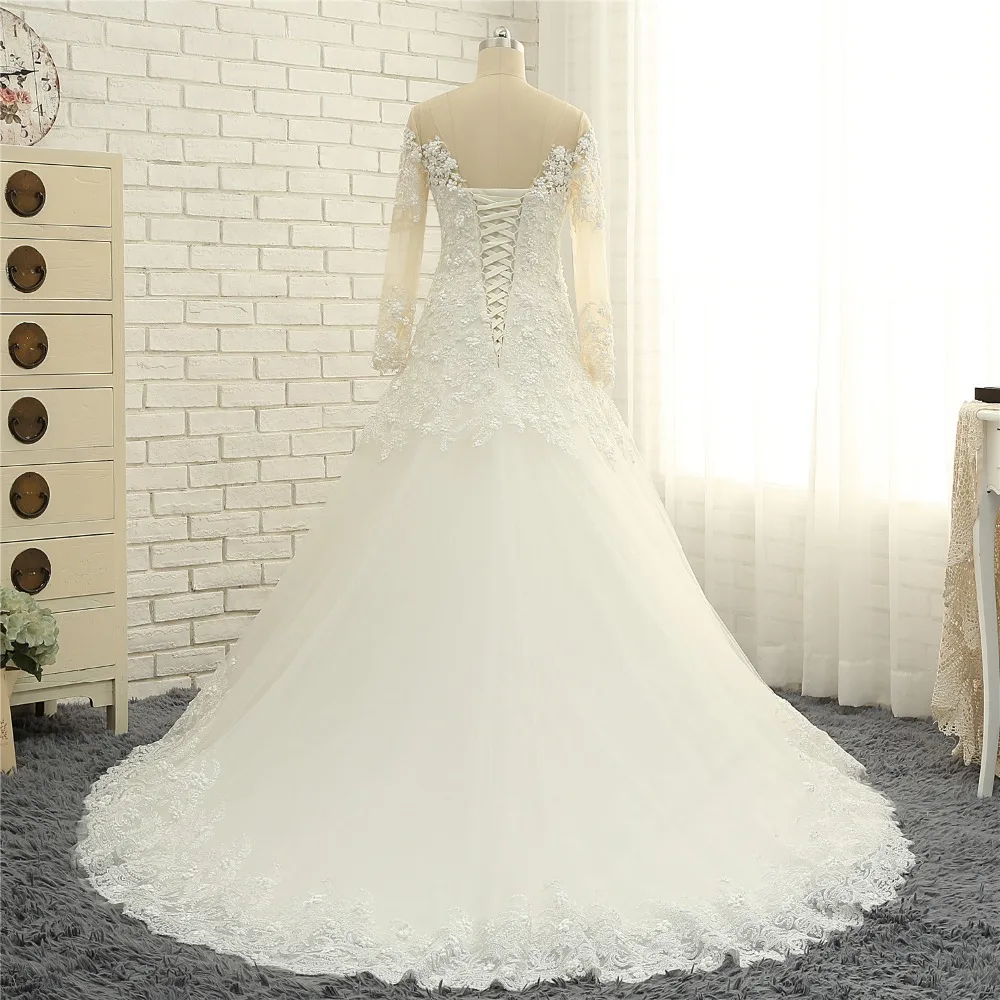 Новые Модные свадебные платья с длинным рукавом 2018 Иллюзия шеи длинный поезд