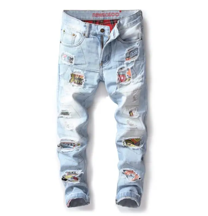 Мужские джинсы с бахромой синие дырками байкерские брюки модные дизайнерские