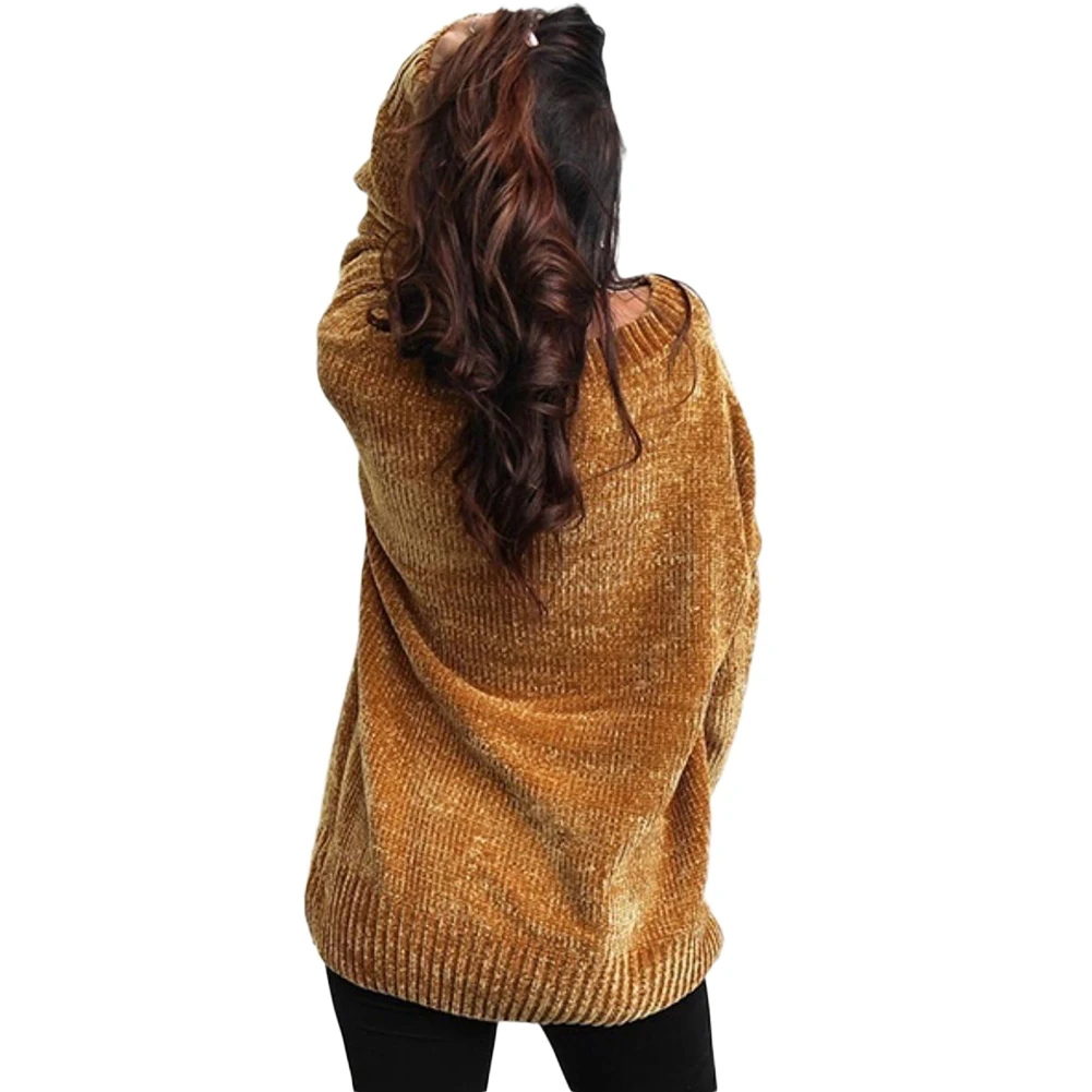 Зимние теплые женские свободные одно плечо V шеи сплошной цвет с длинным рукавом