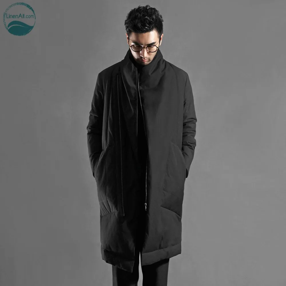 

LinenAll men's new down jacket wool+cotton long loose down jacket winter black V-collar down jacket warm