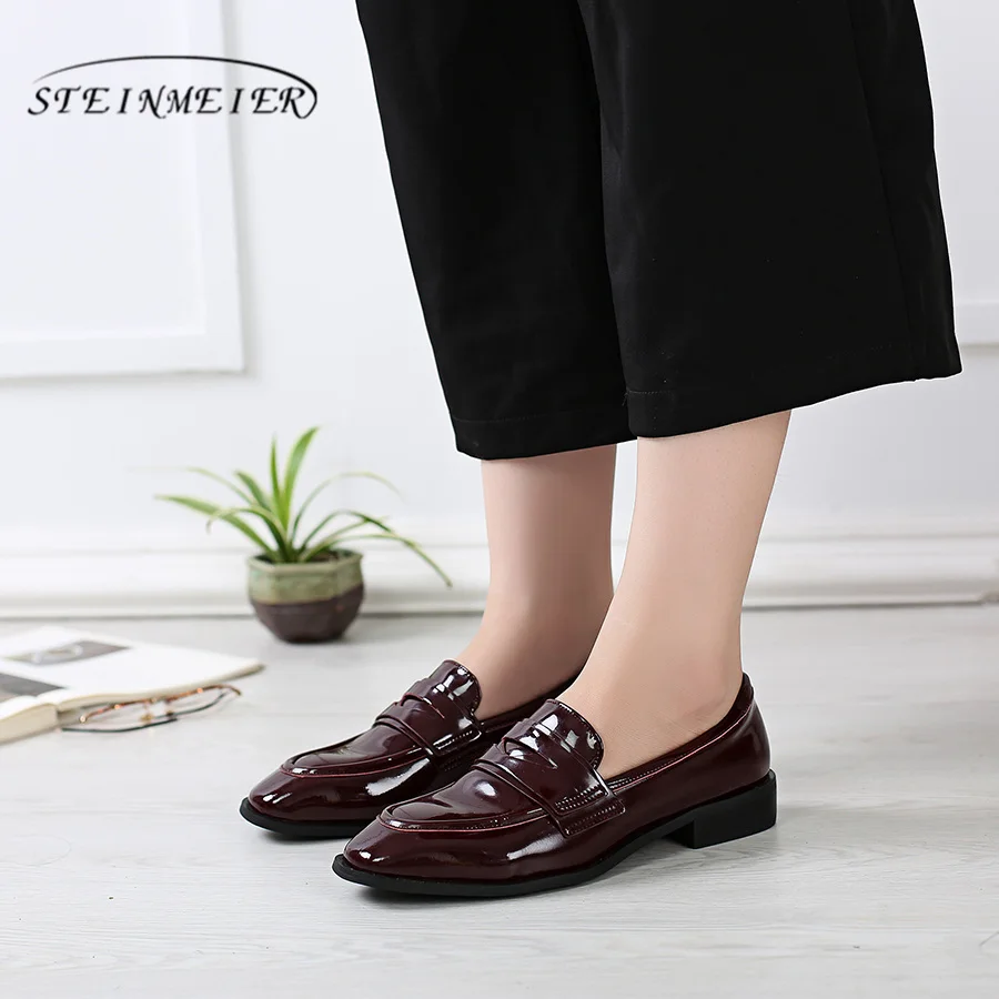 Wine red patent Повседневные дизайнерские винтажные женские туфли на плоской подошве из натуральной коровьей кожи; женские туфли-оксфорды ручной работы; ; цвет черный, красный; с мехом - Цвет: Wine red patent