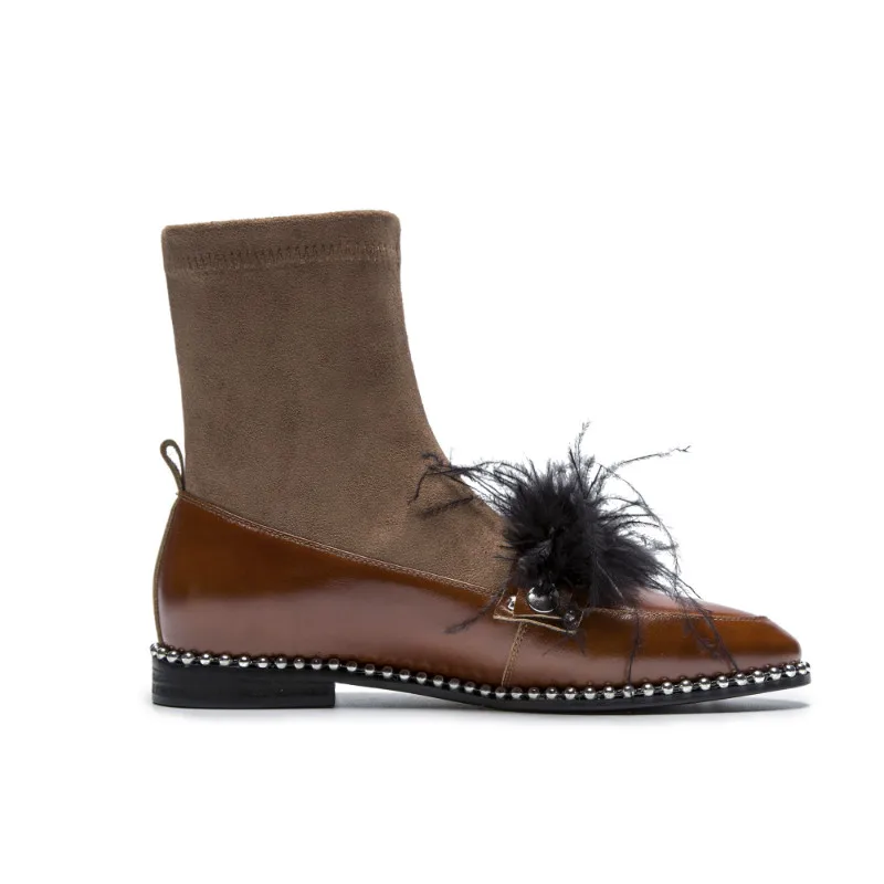 XIUNINGYAN Shoes Woman Ankle Boots Genuine Leather Low Heels Metal Rivets Fashion Chelsea Winter Round Toe String Beading | Обувь