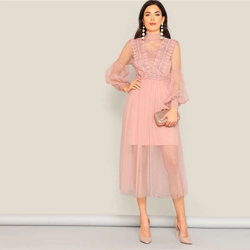 SHEIN Прозрачное Сетчатое Платье С Оригинальным Рукавом И Бусинами Нарядное Вечернее Платье На Бретельках С Открытой Спиной