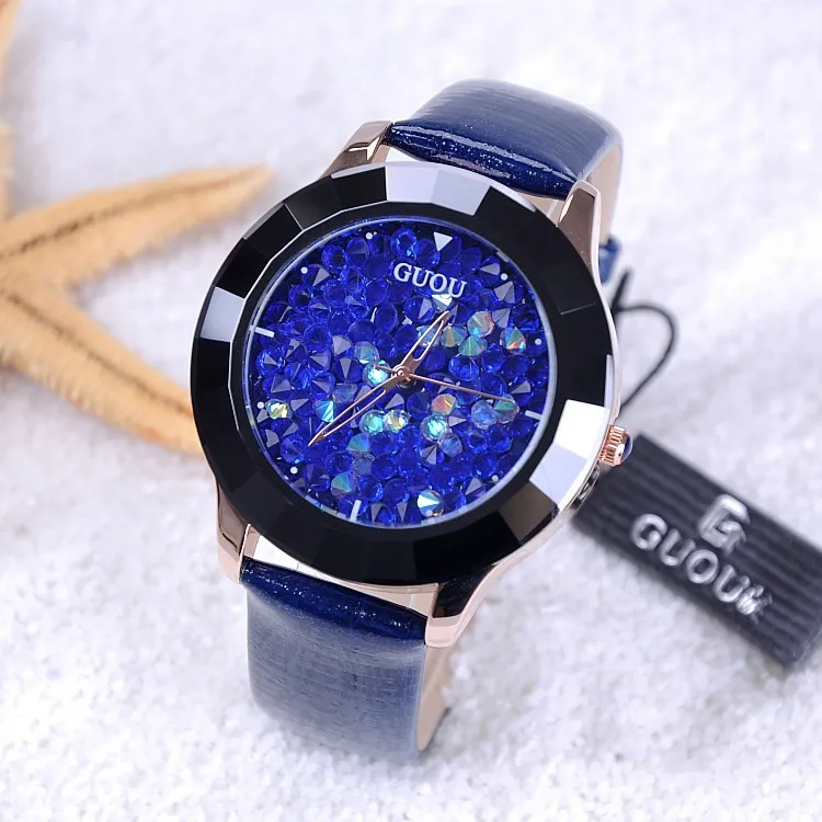 Женские часы со стразами GUOU фирменные из керамической кожи с кожаным ремешком |