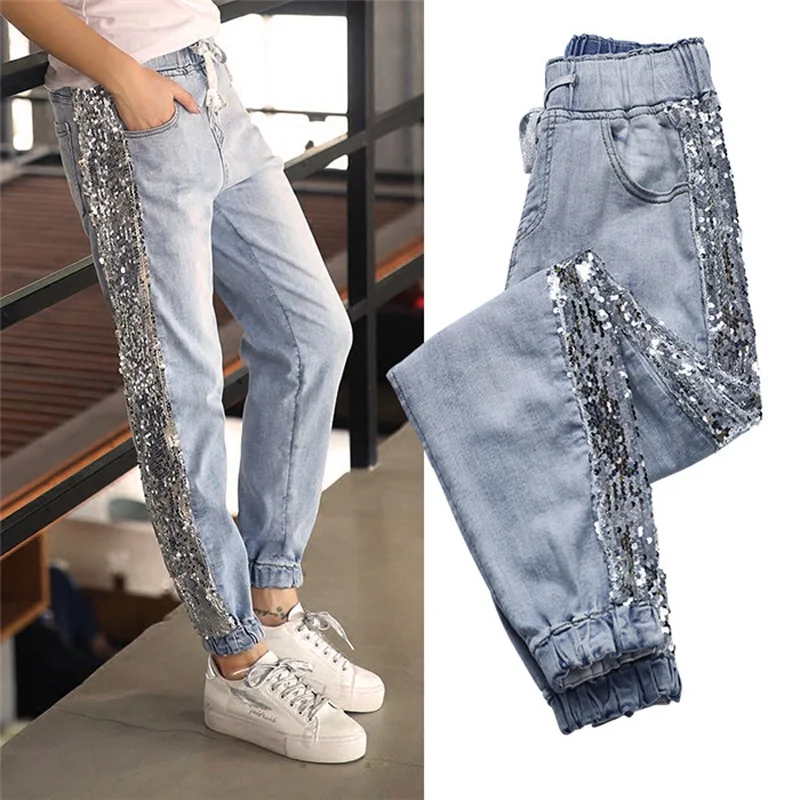 

2019 sequins side stripe denim jeans, street jeans pants, jeans for women woman jeans