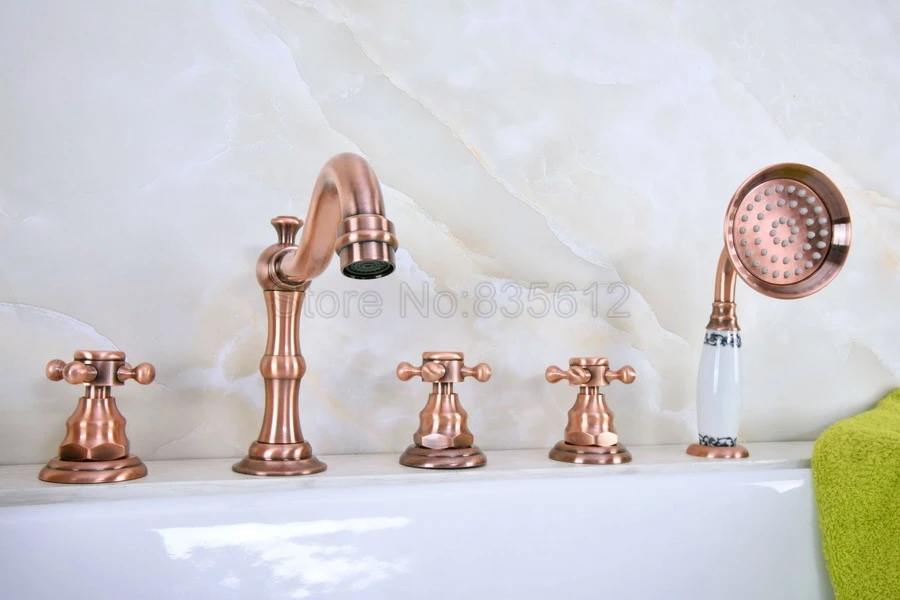 

Bathtub Shower Faucets Antique Red Copper 5 hole Basin Sink Taps Three Handle Control with Hand Shower ttf221