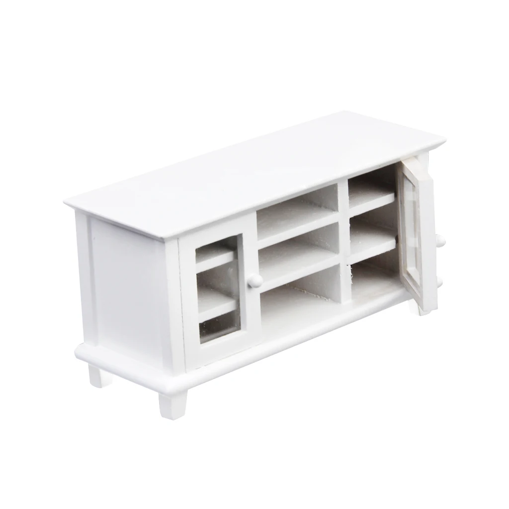 

White Dollhouse Miniature Wooden TV Television Cabinet 1/12 Scale Doll House Furniture DIY Mini House Layout