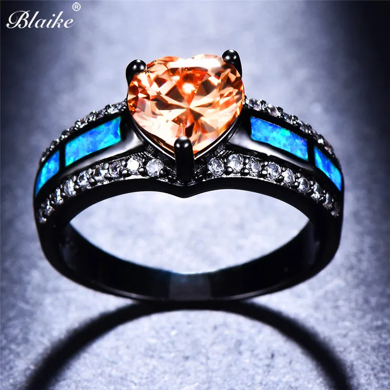 Blaike Aqua Blue/Шампанское/зеленый/розовый, красный/оливковый зеленый/Фиолетовый Сердце Циркон Кольца для женский, черный gold Filled Обручение ювелирные изделия