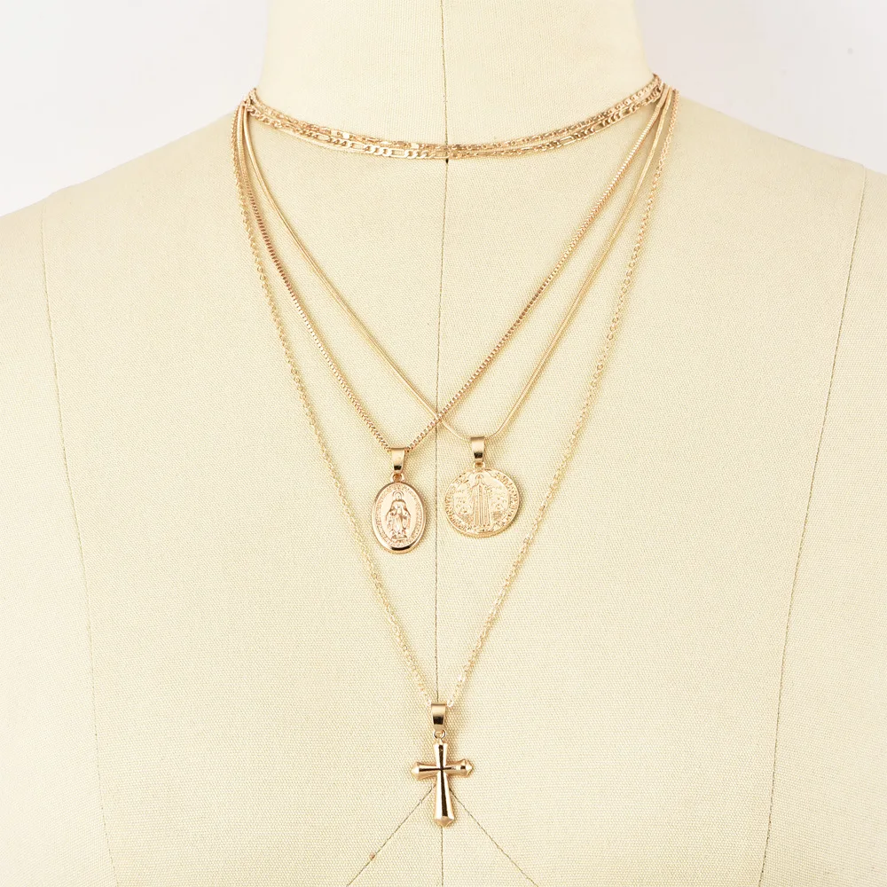 5 Pcs/Set Vintage Female Necklace Virgin Mary Cross Pendant Multilayer Gold Set Glamour Lady Wedding Party Jewelry | Украшения и