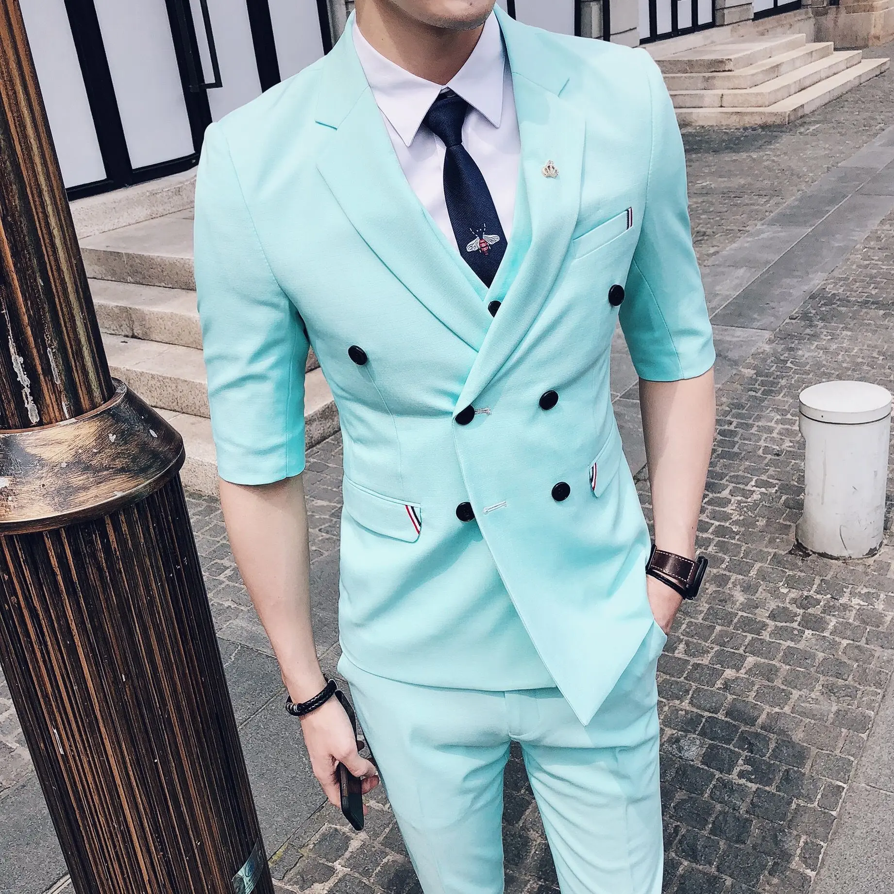 

Vestidos Verano 2019 Nightclub Seven-point Sleeve Sets Male Slim Mid-Sleeves Man Slim Fit Suit