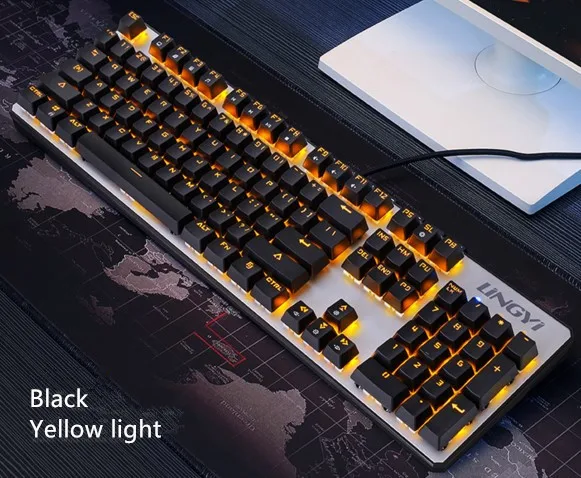 104 ключей LED Подсветка Механическая игровая клавиатура синий/черный переключатель мультимедиа приостановлено проводной USB компьютера keybooard для Gamer - Цвет: Black yellow light