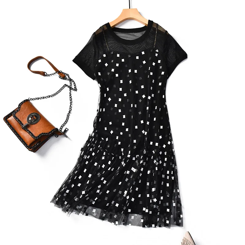 Оригами Лето 2019 новый стиль женское платье в Корейском стиле Сетчатое с коротким