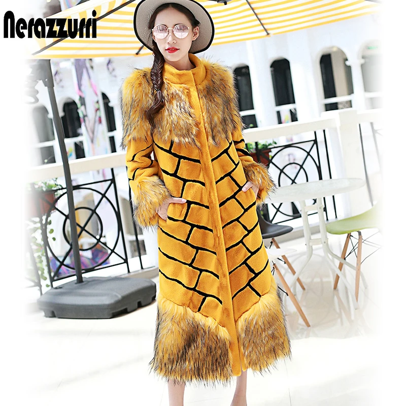 

Nerazzurri Winter extra long fluffy faux fur coat women long sleeve stand collar Yellow and black stripe European Fashion 2021