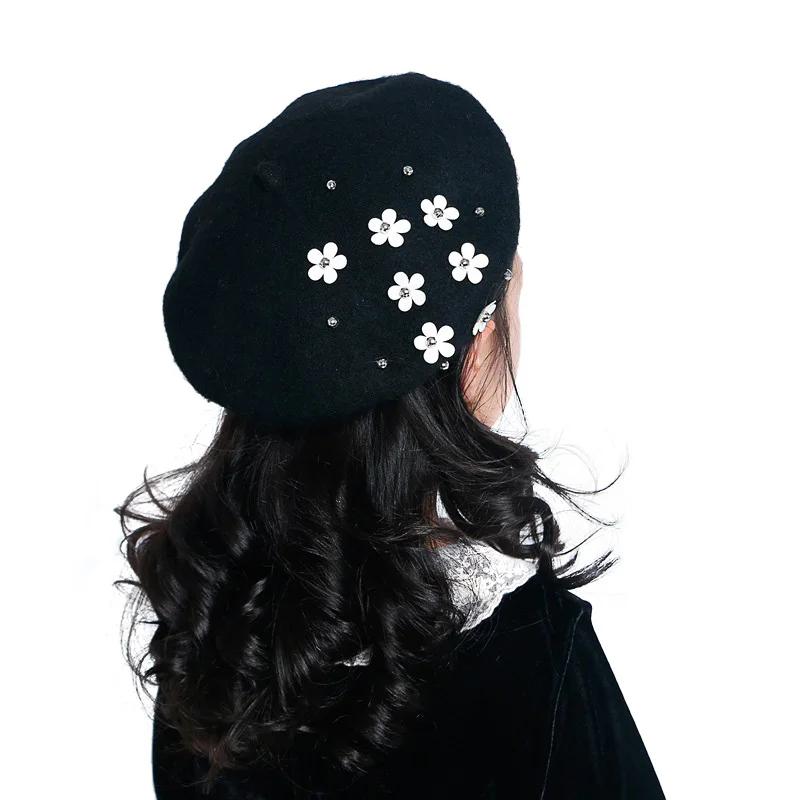 Black baby hat Новая модная детская шапка для девочек, шерстяная осенне-зимняя шапка с цветами для маленьких девочек, винтажный берет для младенцев, Детские аксессуары - Цвет: Black baby hat