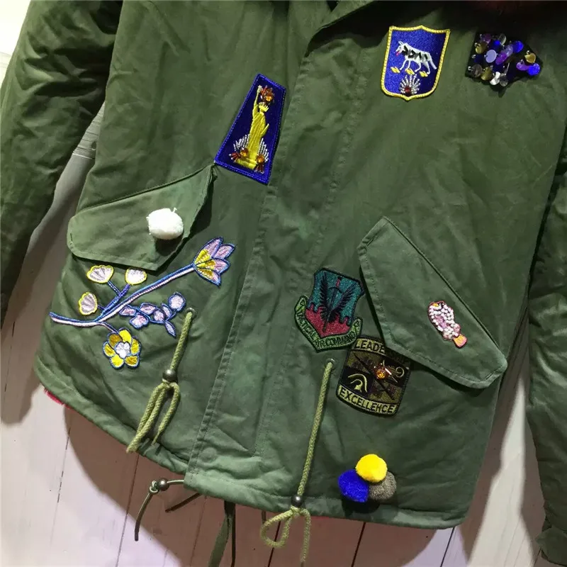 Новый стиль пальто с цветочным узором армейский зеленый мех зимняя куртка