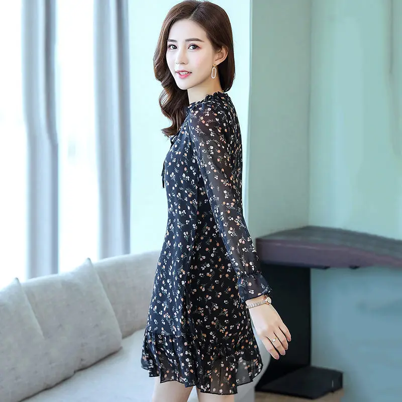 Платье женское с длинным рукавом черное цветочным принтом LQ746|Женские платья| |