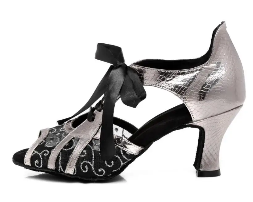 silver heel 6cm Женские черно-белые кружевные бальные туфли для латинских танцев; женская танцевальная обувь Kizomba Tango на квадратном каблуке средней высоты; JuseDanc - Цвет: silver heel 6cm