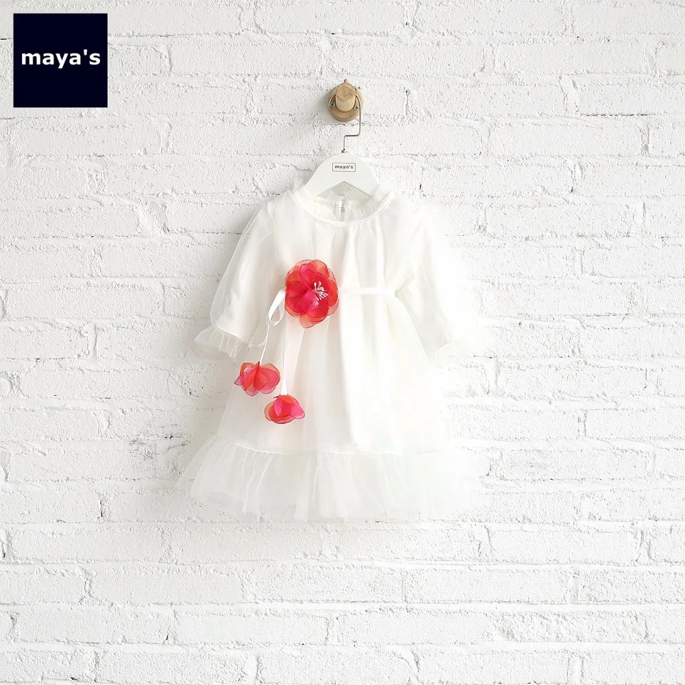 Mayas/Белое Тюлевое платье средней длины с цветочной аппликацией для девочек