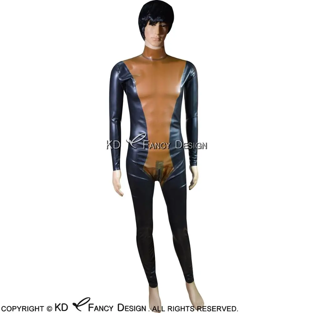

Black And Transparent Brown Bichromatic Latex Catsuit With Back To Crotch Zip Rubber Bodysuit Overall Zentai Body Suit LTY-0097