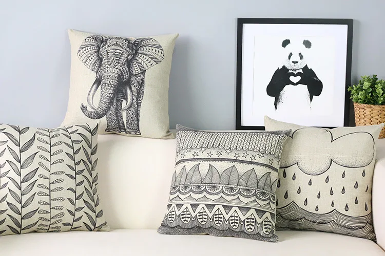 Ручная роспись Слон Подушка Современный художественный черный белый лист для