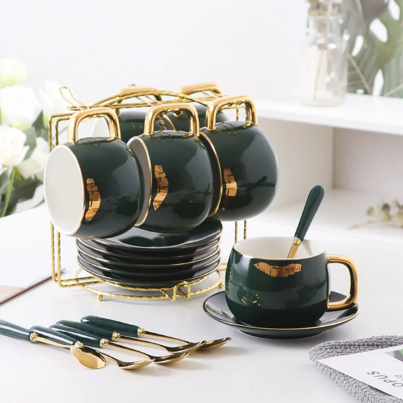 6-piece set Green Модный набор кофейных чашек с принтом губ, фарфоровый набор чайных чашек из костяного фарфора, Набор чашек и блюдцев, чайные вечерние стаканы, свадебные подарки - Цвет: 6-piece set Green