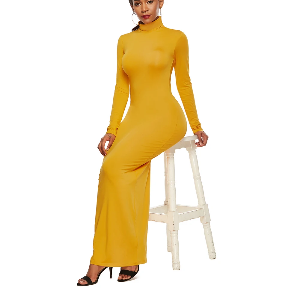 Women Long Sleeve High Collar Dress Solid Color Stretch Slim Summer QL Sale | Женская одежда