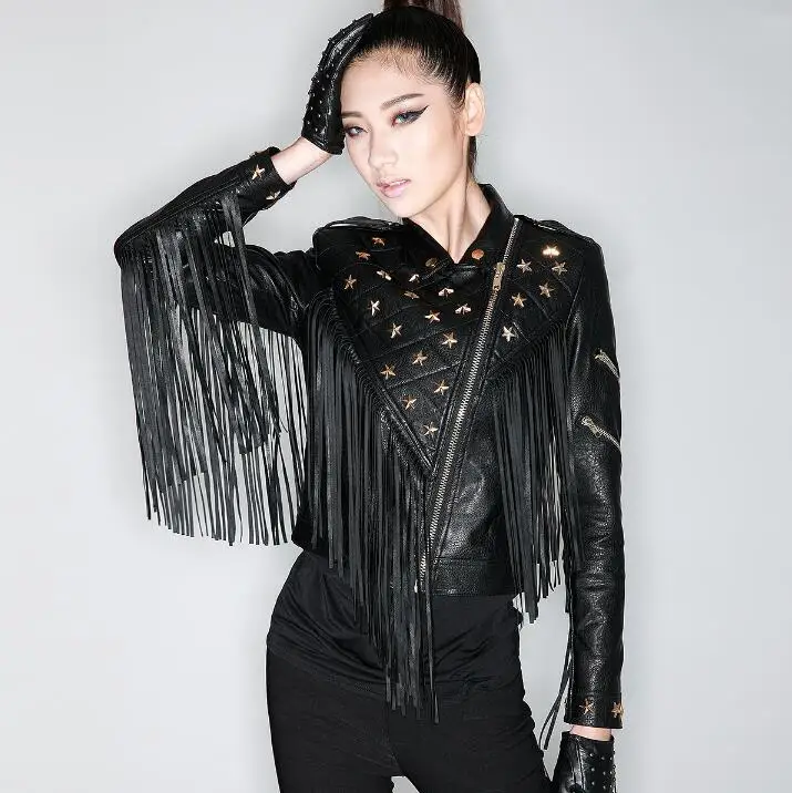 

Hot 2022 New Fashion Women Autunm Winter Black Faux Leather Jackets Motorcycle Rivet tassel Female Brand Outerwear Coat