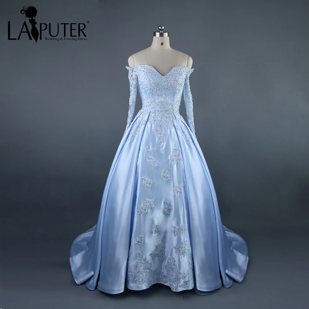 Реальные фотографии с плеча v-образным вырезом Светло-Голубые Вечерние платья