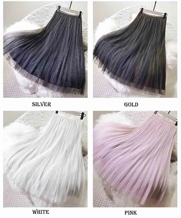 

Женская плиссированная юбка, Однотонная юбка средней длины, сетчатая длинная юбка, весна-лето 2019