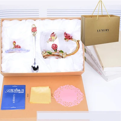 short Gift box Креативные винтажные эмалированные стеклянные чашки с розовой ручкой, стильные с крышкой, бабочкой на корпусе, стеклянные кофейные чашки, чайные чашки, подарок - Цвет: short Gift box