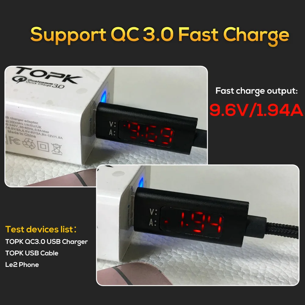 Кабель TOPK DLine1 usb type C с дисплеем напряжения и тока нейлоновый плетеный кабель для