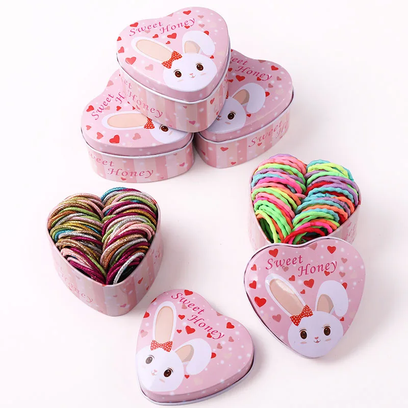 50 шт./компл. красочные эластичные повязки для волос девочек с железной коробкой