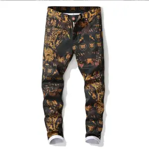 Джинсы мужские прямые с леопардовым принтом, повседневные Модные брюки Slim Fit из денима для отдыха, модель J2978 на лето и осень