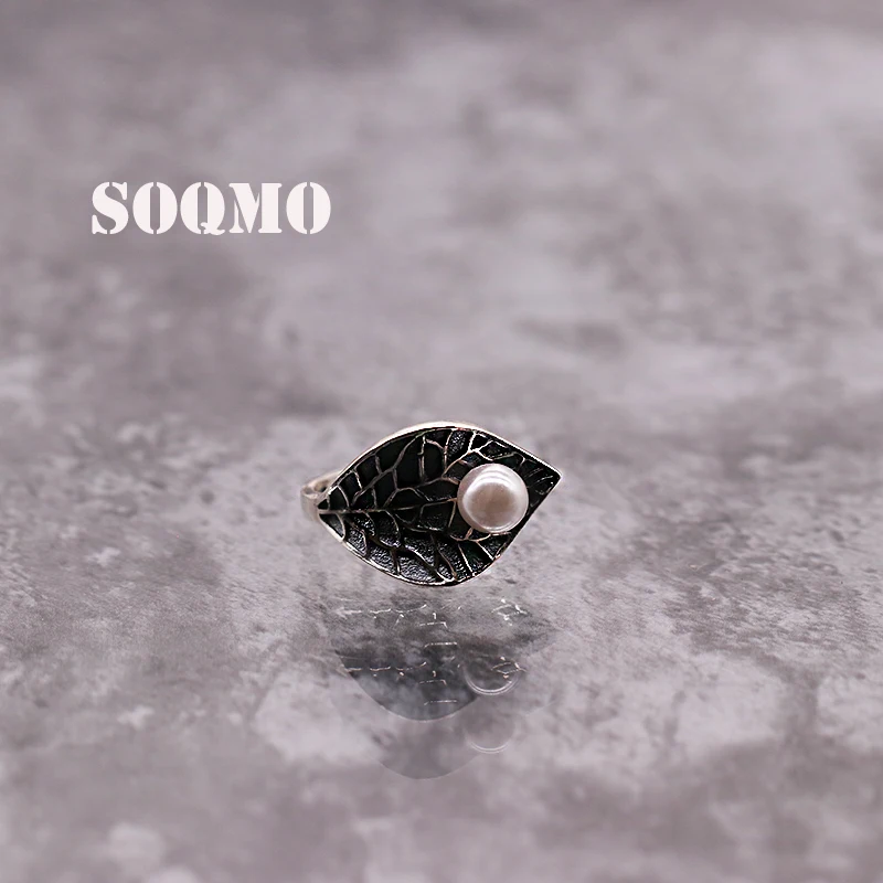 SOQMO 925 пробы серебряные кольца с искусственным жемчугом для женщин подарок гинкго