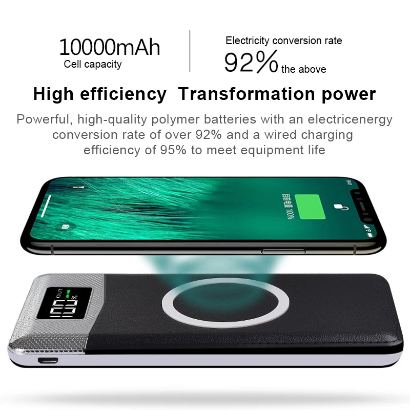 10000 мАч Зарядное устройство Qi Беспроводное зарядное для iPhone X 8 Plus двойной USB