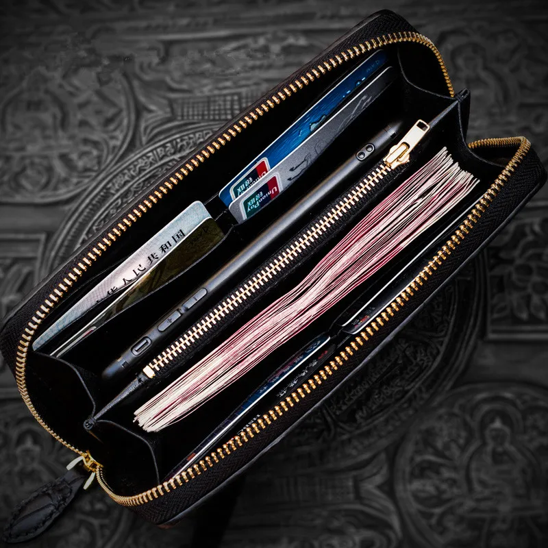 Бумажники ручной работы из черной крокодиловой кожи с китайским драконом