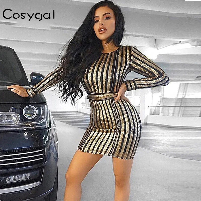 COSYGAL осень-зима блестками Мини сексуальное платье Для Женщин Платье облегающее с длинным рукавом платья модные Клубные вечерние элегантное платье