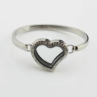 heart shape magnetic stainless steel floating locket bangles with rhinestone living memory locket bracelets bangles 5pcs