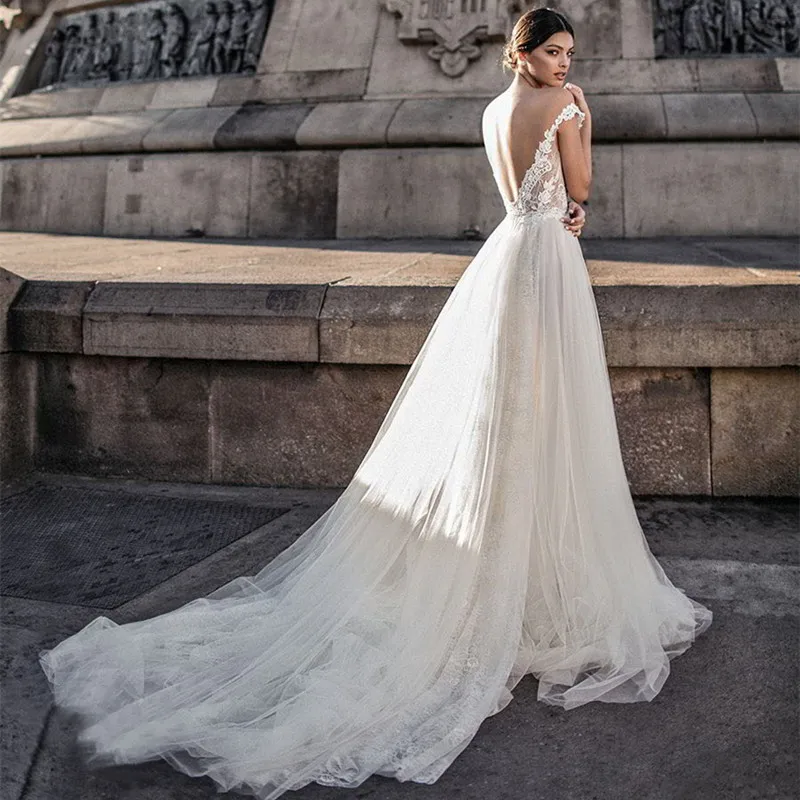 LORIE 2019 Wedding Dress Length tail Sexy V Backless Beach Wedding Dresses Appliqued with LaceWhite Ivory Princess Wedding Gowns