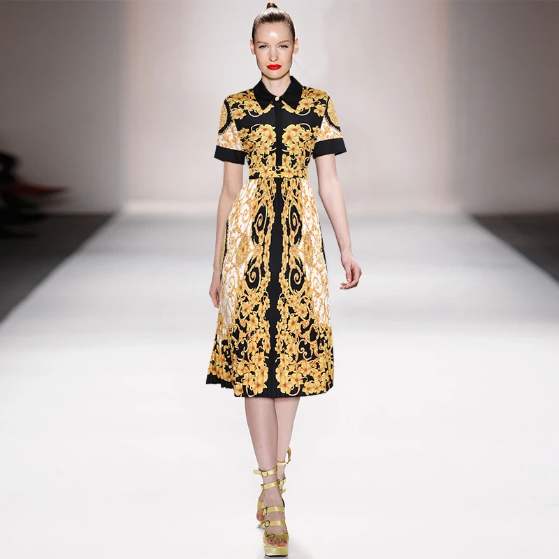 High Quality 2019 Summer Dress Women Vintage Floral Print Pleated Midi Female Dresses Party Holiday | Женская одежда