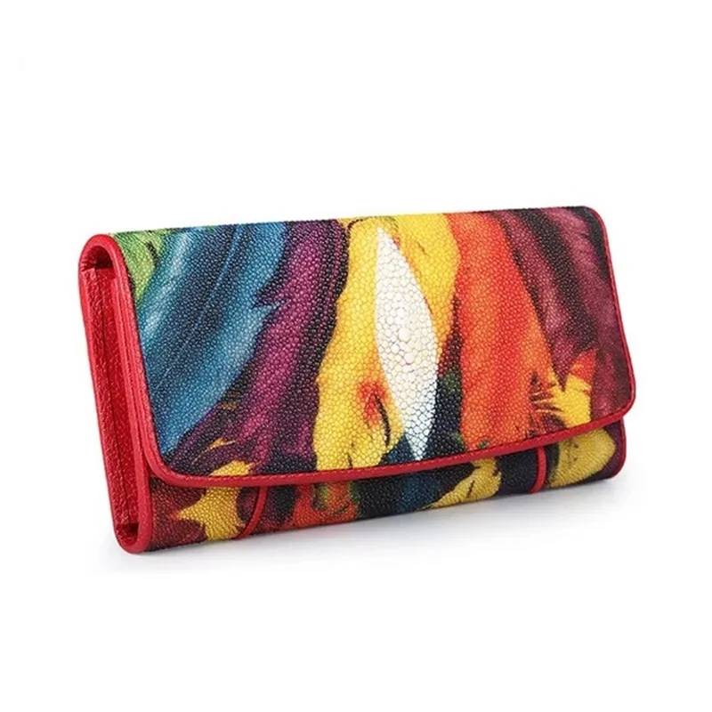 Дизайнерская настоящая кожа ската с принтом перьев женский красный кошелек
