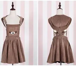 Женское платье Kawaii Rilakkuma, милое платье с вышивкой в виде медведя, платье в стиле Лолиты, Бандажное платье, летнее платье(со съемным капюшоном - Цвет: Коричневый