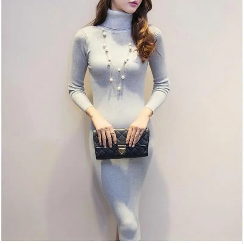 Платье-свитер с высоким воротником осень-зима 2017 Короткое облегающее эластичное